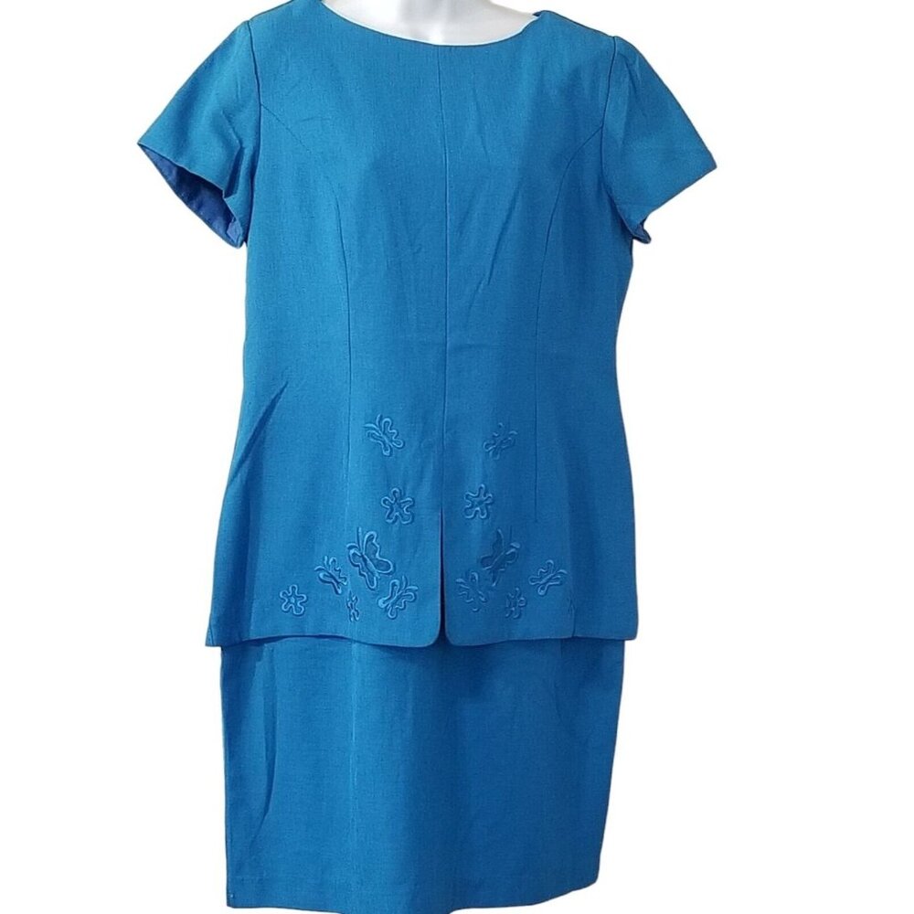 Virgo Vintage Womens Dress L Blue Embroidered Knee‎ Length Slimming Short Sleeve